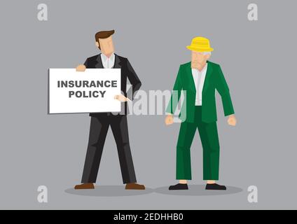 Businessman trying to sell an insurance policy to an old folk. Concept of healthcare insurance or emergency compensation. Vector illustration. Stock Vector