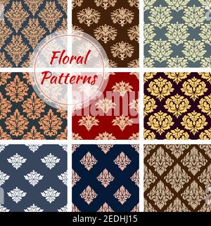 Flowery Damask ornament patterns set. Seamless flourish ornate baroque vector tiles. Floral embellishment motif and ornamental tracery. Luxury royal f Stock Vector