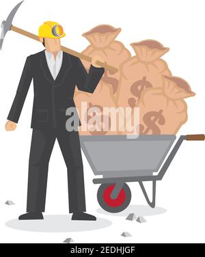 Businessman with a trolley of money bags. Concept of cryptocurrency or corporate business. Vector illustration Stock Vector