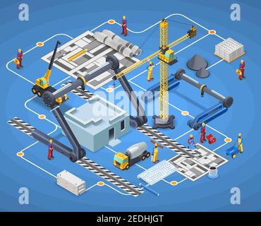 Printing isometric composition with building and construction symbols on blue background vector illustration Stock Vector
