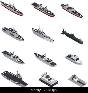 Dark color military boats isometric isolated icon set for different types of troops vector illustration Stock Vector