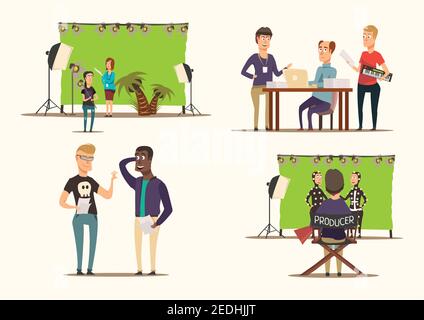 Movie making process and shooting team characters 2x2 flat concept isolated on white background vector illustration Stock Vector
