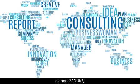 Business and marketing cloud tags words in world map shape. Word cloudtags concept of consulting company, startup success and teamwork plan, project i Stock Vector