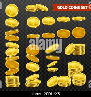 Gold coins with dollar symbol collection falling in stacks rolls on black transparent background realistic vector illustration Stock Vector