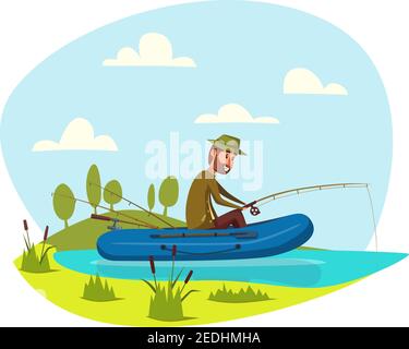 Man in inflatable boat fishing on lake or river with fish rod. Fisherman sport outdoor recreation leisure or nature weekend adventure. Vector happy fi Stock Vector