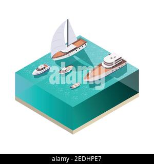 Four ships of different size floating on water isometric composition on white background 3d vector illustration Stock Vector