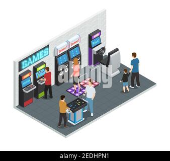 Isometric isolated and colored game club interior concept with playing people in one room vector illustration Stock Vector