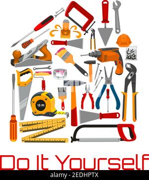 Repair and building tools or instruments on banner. Hammer and nails, paint brush and ruler, screwdriver and saw, spanner and jointer or plane, shovel Stock Vector
