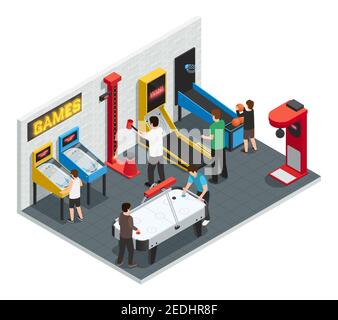 Isometric 3d game club interior colored concept people play games in entertainment center vector illustration Stock Vector