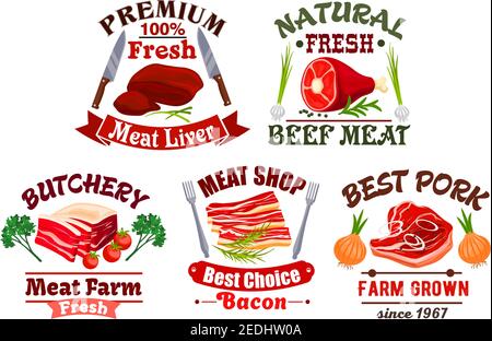 Fresh meat icons. Butchery or butcher shop isolated vector emblems with liver, tenderloin ham or sirloin jamon, smoked bacon and salty lard, T-bone be Stock Vector