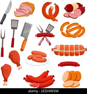 Meat and sausages vector icons. Butchery or butcher shop meat food products and delicatessen. Isolated grilled chicken legs and sliced pork bacon, bee Stock Vector