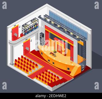 Theatre interior isometric composition with lights stage and scenery vector illustration Stock Vector