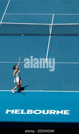 Melbourne, Australia. 15th Feb, 2021. Elina Svitolina of Ukraine serves during the women's single match against Jessica Pegula of the United States at Australian Open in Melbourne Park in Melbourne, Australia, Feb. 15, 2021. Credit: Hu Jingchen/Xinhua/Alamy Live News Stock Photo