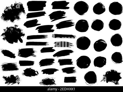 Paint blobs and daubs, black watercolor blots and blotches, marker or felt tip pen strokes. Vector grunge texture scribbles, abstract dash lines or br Stock Vector