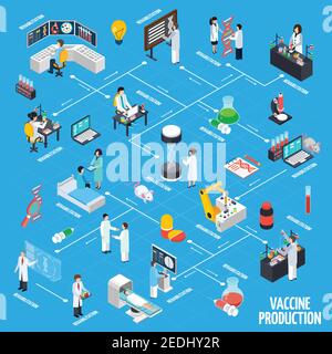 Vaccine production infographics layout with science experiments animal testing rehabilitation symbols isometric vector illustration Stock Vector