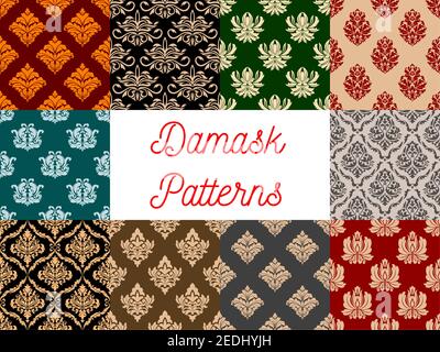 Floral Damask patterns. Vector seamless set of flowery tracery and flourish ornate adornment of royal luxury ornamental flowers and vintage baroque mo Stock Vector