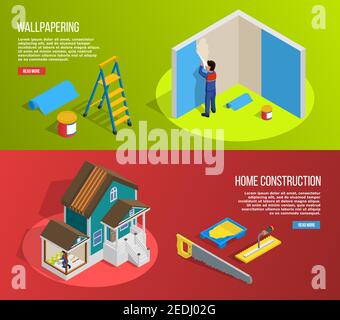 Renovation isometric horizontal banners set with home construction symbols isolated vector illustration Stock Vector