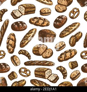 Color sketch bread sorts seamless pattern. Vector pattern of wheat and rye bread on white background. Bakery and patisserie design with bread, croissa Stock Vector
