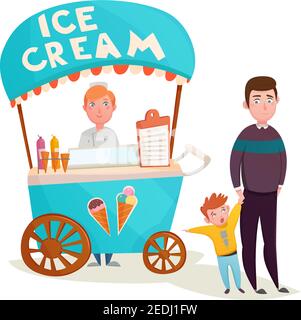 Little boy asking father to buy icecream near ice cream street seller wagon cartoon characters vector illustration Stock Vector