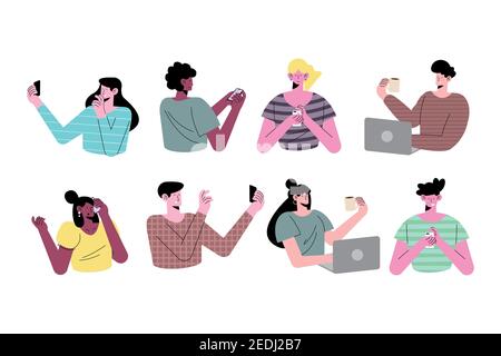 young eight persons wearing technology characters vector illustration design Stock Vector