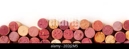Wine corks panorama with copy space, overhead shot on a white background, a design template Stock Photo