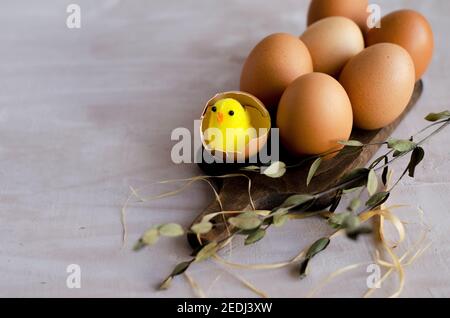 Happy easter background concept. A set of natural chicken eggs stand on a wooden board and a beige concrete background, one egg is broken and a chicke Stock Photo