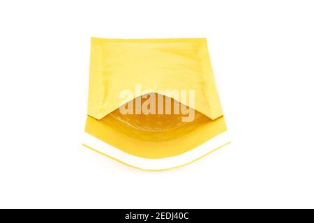 Close-up on an open padded envelope showing the internal bubble lining isolated on white. Stock Photo