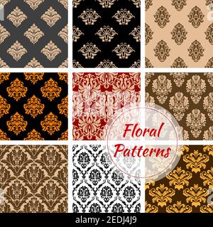 Flowery Damask and floral ornament patterns set. Luxury ornamental flower and baroque ornament or backdrops of motif adornment and embellishment tiles Stock Vector