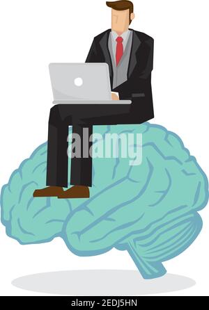 Business man in a suit working on a laptop computer on top of a brain. Concept of entrepreneur and working. Vector illustration. Stock Vector