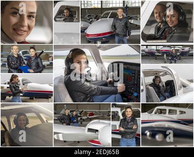 Flight School -Woman in Aviation- Gender Equality at Work. Collage of Photographs Showing Smiling Female Pilot and Flight Instructor in Flight School. Stock Photo