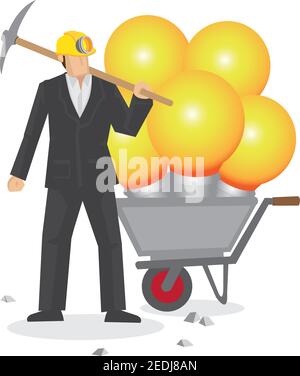 Business professional with a wheelbarrow of huge light bulbs. Vector cartoon illustration on metaphor for someone full of ideas isolated on white back Stock Vector