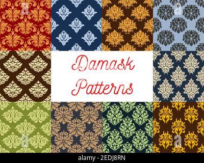 Flowery Damask and floral ornate seamless patterns set. Royal luxury ornamental flower ornaments and baroque flourish tiles or backdrops of tracery ad Stock Vector