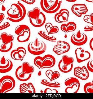 Blood donation and heart health vector seamless pattern of cardiology medications or blood drops. Donor concept design with cardio healthcare items an Stock Vector