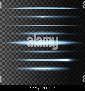 Glowing light flashes and abstract luminous blur horizontal lights lines. Vector set of linear glow stripes effect. Blue and white neon comet, sun or Stock Vector