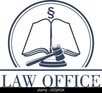 Legal office or center icon with symbol of judge gavel, justice law code, silcrow section sign or paragraph on open book. Lawyer or advocate emblem fo Stock Vector