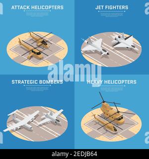 Four square isometric military air force icon set with attack helicopters jet fighters heavy helicopters and others descriptions vector illustration Stock Vector