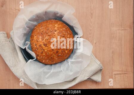Top view of freshly baked bread in mold Stock Photo