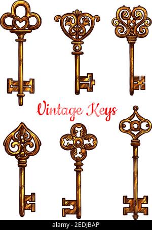 Old or vintage keys icons. Vector isolated set of sketched metal or brass bronze lock key with antique or medieval ornate bow and wards. Lever-type ke Stock Vector