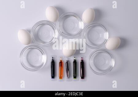 Preparation for Easter, the concept of coloring eggs, materials for coloring eggs - eggs white, dyes, bowls with liquid. Step 2 Stock Photo