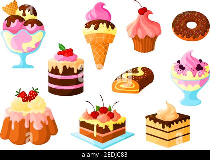 Cakes, pies and sweets desserts vector isolated icons of fruit cupcake and chocolate glaze, ice cream, tart and donut, cinnamon roll bun and pudding w Stock Vector