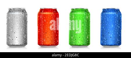 Set of realistic colored cans isolated on white. Tins for beverages with condensate. Drops of water on metal jars. Vector 3d illustration. Stock Vector