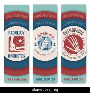 Orthopedic surgery and radiology diagnostics banner template set. Medical badges of hand, foot, elbow bones and joints in round frame with text layout Stock Vector