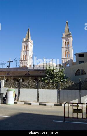 Guards and barriers outside the front of Luxor's Coptic Cathedral, Egypt. There have been tensions between Christian coopts and Muslims in the country Stock Photo