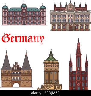 German tourist sights thin line icon set. Castle Gottesaue, Town Hall, Holsten Gate, hotel in water tower Wasserturm and lutheran church Marktkirche f Stock Vector