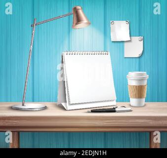 Blank table calendar lamp pen and cup on wooden desk on blue wall background 3d vector illustration Stock Vector