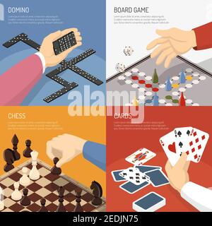 Four square colored board games design concept set with domino chess cards descriptions vector illustration Stock Vector