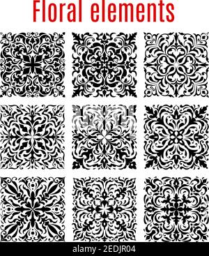 Floral tiles and flourish ornament borders of damask or flowery vector elements. Vector baroque ornamental mosaic pattern frames of luxury embellishme Stock Vector