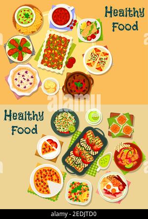Healthy food icon set with vegetable, meat and fish stew and soup, fried egg with bacon and sausage, squid and veggies salads, meat tortilla with guac Stock Vector