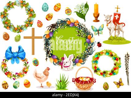 Easter icon set. Easter egg, rabbit bunny, chicken, chick, lamb of God, Easter wreath with spring flowers, eggs and willow branches, basket with eggs Stock Vector