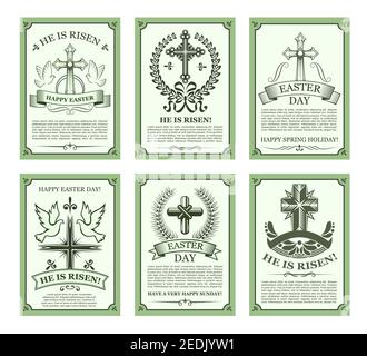 Happy Easter holiday card set. Christian and catholic cross with dove birds, olive tree branches and laurel wreath, ribbon banner and text layout with Stock Vector